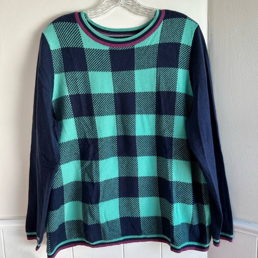 Lands' End Plaid 100% Cashmere Pullover Sweater Women’s 1X Blue Green Holiday